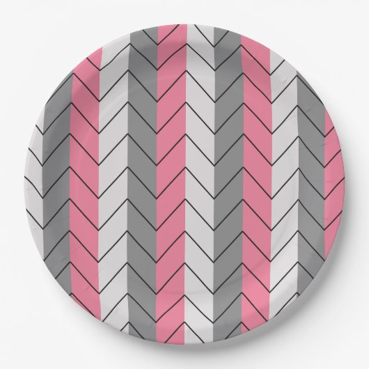 Assiettes En Carton Soirée Gris Noir Rose Chevron (Devant)