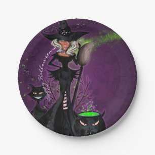 Assiettes En Carton Soirée Halloween Glam Sorcière en Noir Vert Violet
