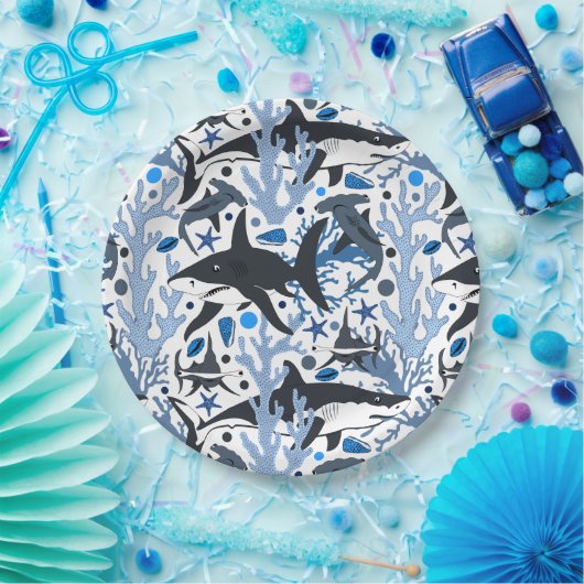 Assiettes En Carton Soirée motif de plage de requin mignon (Fête)