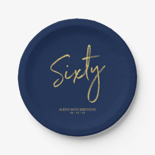 Assiettes En Carton Soixante lettrage or et bleu marine 60e annivers