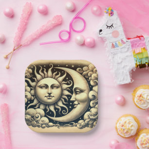 Assiettes En Carton Soleil et Lune Célestes Vintage 