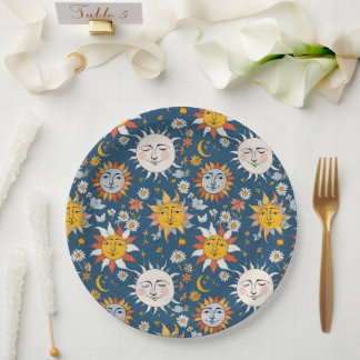 Assiettes En Carton Soleil et Lune Floral en Bleus et Jaunes