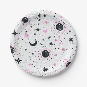 Assiettes En Carton Soleil Lune Étoiles Célestes Noir et Rose
