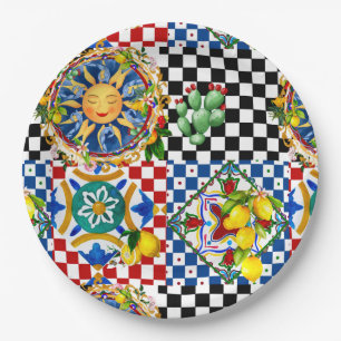 Assiettes En Carton soleil sicilien, citron, carreaux méditerranéens,