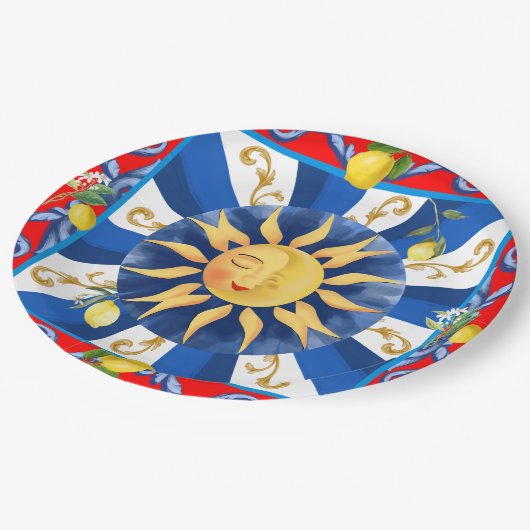 Assiettes En Carton soleil sicilien, majolica, citron, (Angle)