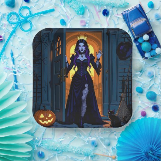 Assiettes En Carton Sorcière, chat noir et Halloween Jack-O-Lanterne (Fête)