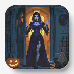 Assiettes En Carton Sorcière, chat noir et Halloween Jack-O-Lanterne