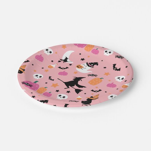 Assiettes En Carton Sorcière chauves-souris araignées fantôme Citrouil (Angle)