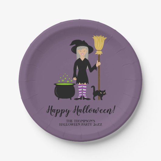 Assiettes En Carton Sorcière Cute Avec Un Chat Texte Personnalisé D'Ha (Devant)
