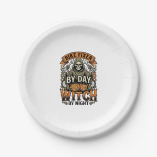 Assiettes En Carton Sorcière de réparation de vélo vintage Halloween m