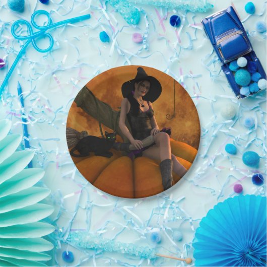 Assiettes En Carton Sorcière et chat sur Citrouille géant (Fête)