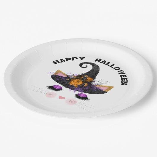 Assiettes En Carton Sorcière Kitty Face Halloween (Angle)