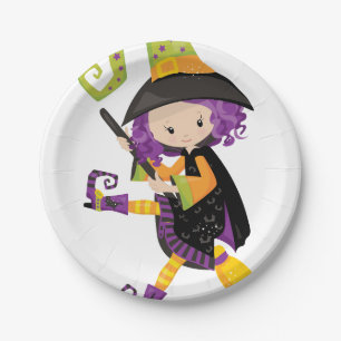 Assiettes En Carton Sorcière mignonne de Lil avec les cheveux pourpre