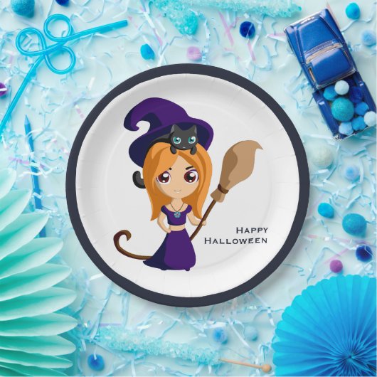 Assiettes En Carton Sorcière mignonne en Casquette violet Halloween (Fête)