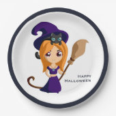 Assiettes En Carton Sorcière mignonne en Casquette violet Halloween (Devant)