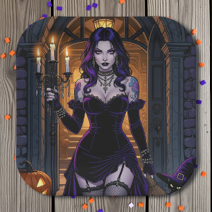 Assiettes En Carton Sorcière noire et violette avec Halloween Candelab