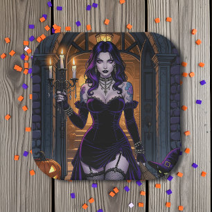 Assiettes En Carton Sorcière noire et violette avec Halloween Candelab