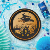 Assiettes En Carton Sorcière sur Broom Éffrayant Halloween House Trees (Fête)