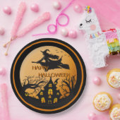 Assiettes En Carton Sorcière sur Broom Éffrayant Halloween House Trees (Fête)