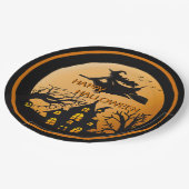 Assiettes En Carton Sorcière sur Broom Éffrayant Halloween House Trees (Angle)