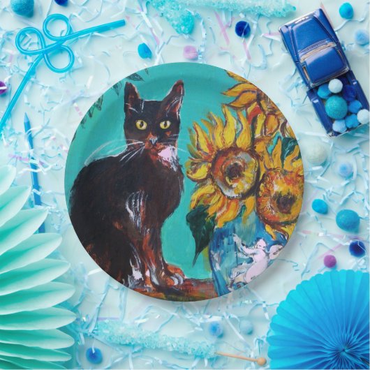 ASSIETTES EN CARTON SOUCHES AVEC CHAT NOIR EN TURQUOISE BLEUE (Fête)