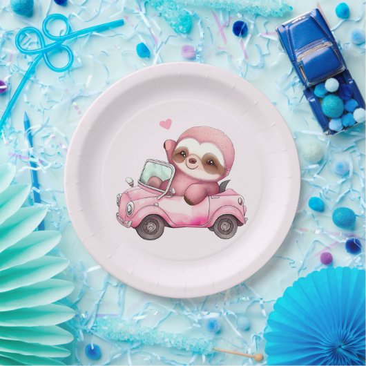 Assiettes En Carton Sourire rose Sloth conduisant une convertible (Fête)