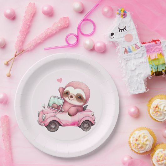 Assiettes En Carton Sourire rose Sloth conduisant une convertible (Fête)