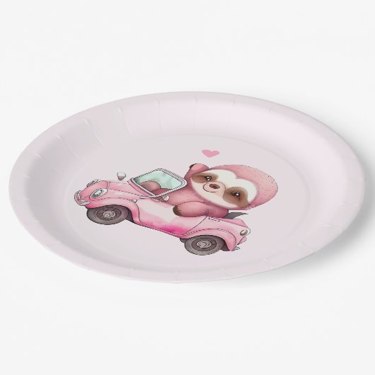 Assiettes En Carton Sourire rose Sloth conduisant une convertible (Angle)