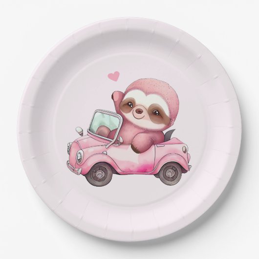 Assiettes En Carton Sourire rose Sloth conduisant une convertible (Devant)