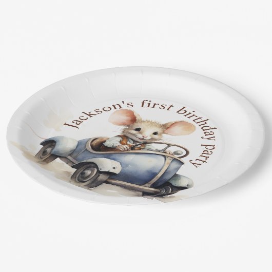 Assiettes En Carton Souris d'aquarelle mignonne en voiture bleue Premi (Angle)