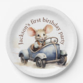 Assiettes En Carton Souris d'aquarelle mignonne en voiture bleue Premi (Devant)