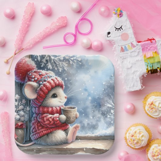 Assiettes En Carton Souris De Noël En Fenêtre Avec Cocos Chauds (Fête)