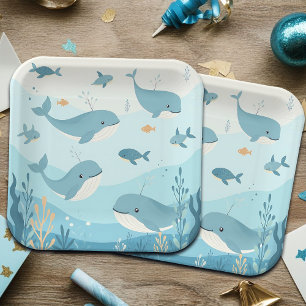 Assiettes En Carton Sous la mer Baleines et poissons enfants