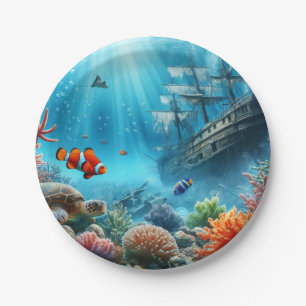 Assiettes En Carton Sous la mer, tortue, corail, bateau, poisson clown