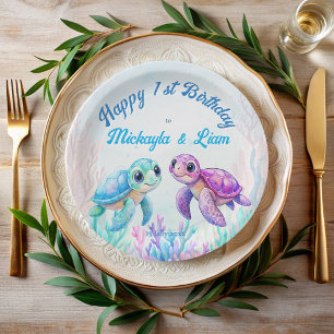Assiettes En Carton Sous la tortue de mer aqua bleu jumeaux anniversai