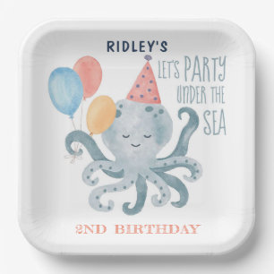 Assiettes En Carton Sous l'aquarelle du poulpe de mer Anniversaire