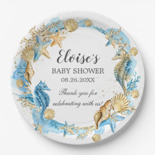 Assiettes En Carton Sous le Baby shower Sea Ocean Blue Gold Boy 