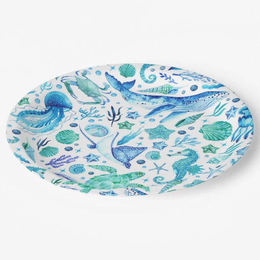 Assiettes En Carton Sous l'eau de la mer Baleine bleue, méduses (Angle)