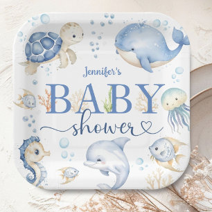 Assiettes En Carton Sous l'océan Baby Shower Garçon Bleu Océan