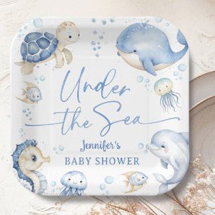 Assiettes En Carton Sous l'océan Baby Shower Garçon Bleu Poussiéreux