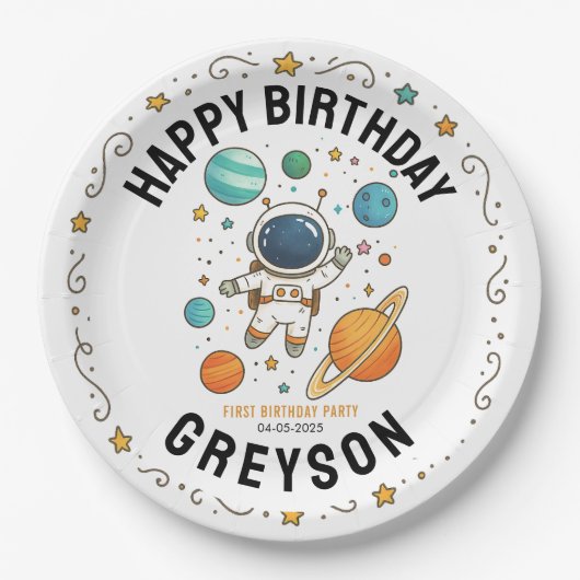 Assiettes En Carton Space Adventure 1er anniversaire | Partie spatiale (Devant)