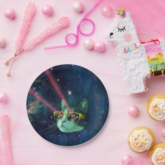 Assiettes En Carton Space cat avec lunettes jaunes (Fête)