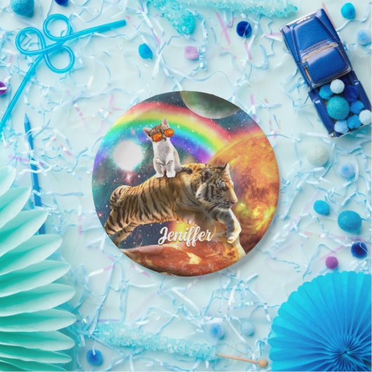 Assiettes En Carton Space Galaxy Cat Riding Tiger sur Pizza (Fête)