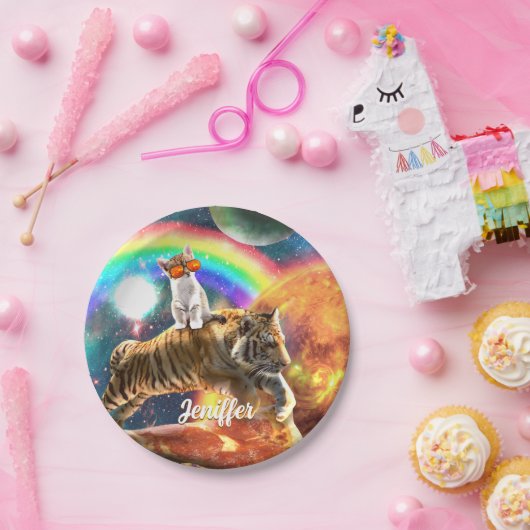 Assiettes En Carton Space Galaxy Cat Riding Tiger sur Pizza (Fête)