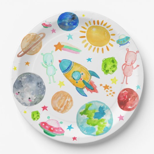 Assiettes En Carton Space Galaxy Planet Rocketship Étoiles Aliens (Devant)