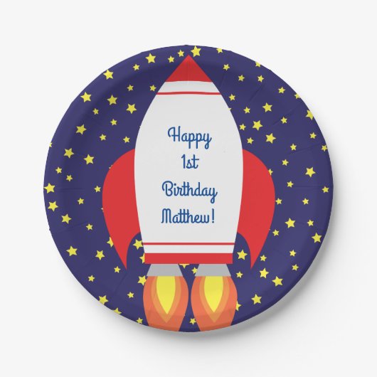 Assiettes En Carton Space Rocket Star Navire Plaques d'anniversaire 1e (Devant)