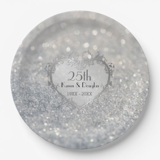 Assiettes En Carton Sparkle Coeur d'argent 25e anniversaire Mariage (Devant)