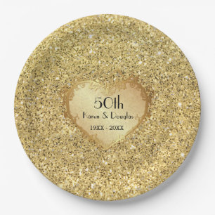 Assiettes En Carton Sparkle Gold Heart 50e anniversaire de Mariage
