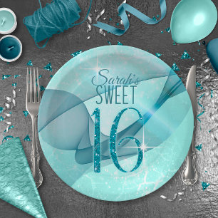 Assiettes En Carton Sparkling Swirls Sweet Sixteen Teal ID652