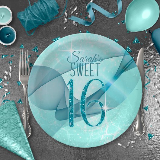 Assiettes En Carton Sparkling Swirls Sweet Sixteen Teal ID652